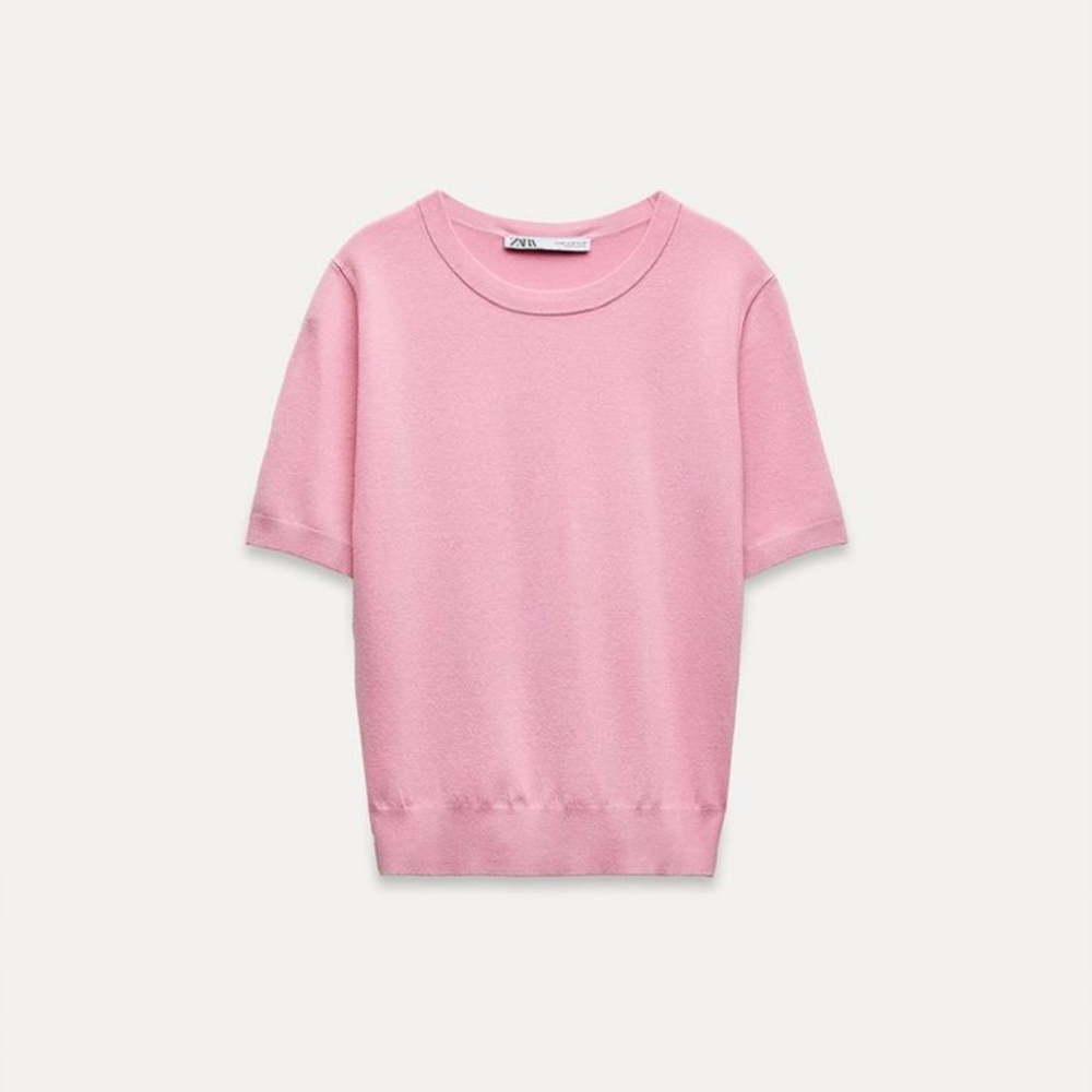NWT Zara Pink plain knit shirt sleeve basic tee XL